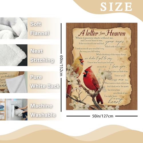 Memorial Cardinal Flannel Throw Blanket, Memory Lost Loved Ones | Friends Family Members Sympathy Gifts, A Letter from Heaven Red Birds Dogwood Flower Soft Bedding Sofa Blankets 50'' x 60'' - color: Bird Letter