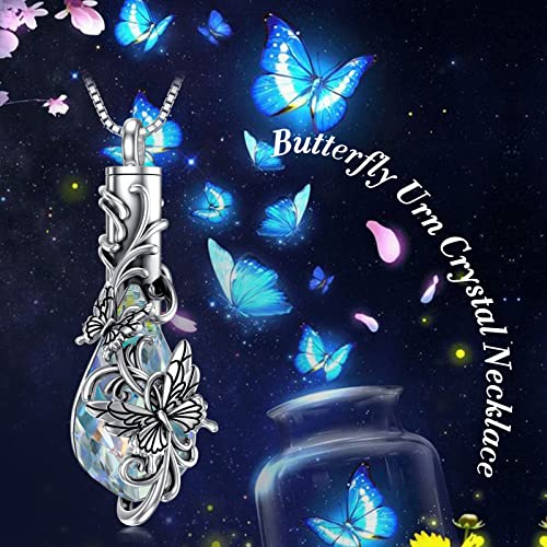 PELOVNY Urn Necklace for Ashes 925 Sterling Silver Butterfly Dragonfly Bee Phoenix Hummingbird Urn Necklaces Animal Crystal Cremation Jewelry for Ashes Cat Dog Pet Memorial Gifts - color: 01-Butterfly Teardrop Urn