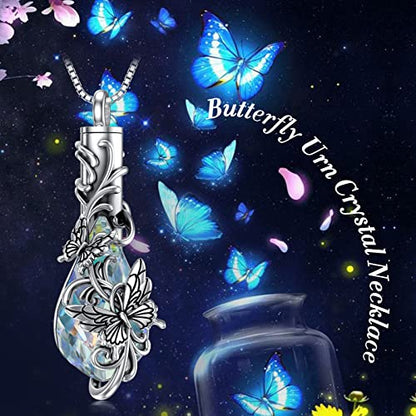 PELOVNY Urn Necklace for Ashes 925 Sterling Silver Butterfly Dragonfly Bee Phoenix Hummingbird Urn Necklaces Animal Crystal Cremation Jewelry for Ashes Cat Dog Pet Memorial Gifts - color: 01-Butterfly Teardrop Urn