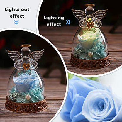 Preserved Real Rose in Glass Angel Figurine with LED Light, Angel Gifts for Women, Mom, Grandma on Mother's Day Christmas Birthday (Blue) - color: Blue