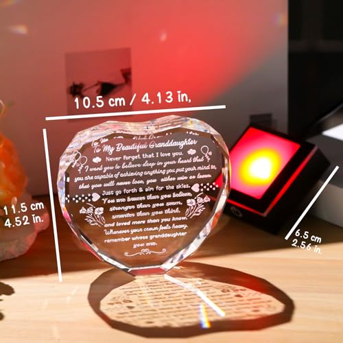 Arikyrist Crystal Heart Keepsake Granddaughter Gifts from Grandma Grandpa | Granddaughter Birthday Present Plaque, on Christmas Wedding Graduation Mothers Day Valentines Day, LED Light Base, Room Decor - color: Granddaughter