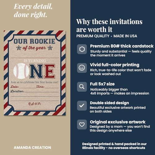 Rookie Of The Year Baseball Themed 1st Birthday Party Invitations for Boys, 20 5x7 Fill In Cards with Twenty White Envelopes by AmandaCreation - style: Rookie Of The Year Baseball