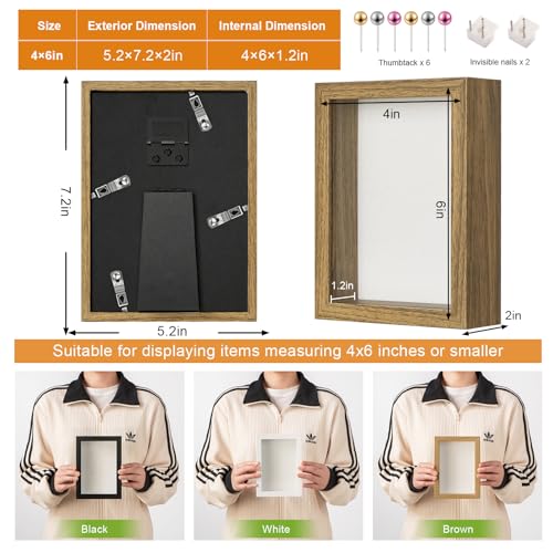 4x6 Small Shadow Box Frame with Ultra-Clear Glass & Soft Linen Back | With Push Pins and Stand, Deep 1.2" Brown Shadow Box Display Case – Display on Tabletop or Wall for Photo, Flower, Keepsakes - color: Brown+high Definition Panel + Shatter-proof Packagi