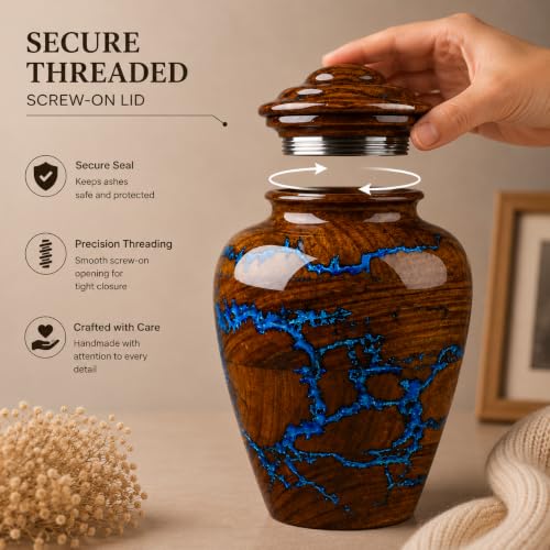 Handcrafted Rosewood Cremation Urn for Human Ashes – 50 Cubic Inches Funeral Memorial Urn for Adult Women & Men, Elegant Wooden Memorial Ashes Urn with Blue Resin Inlay, Funeral Urn for Loved Ones - size: STANDARD 50 Cu inch
