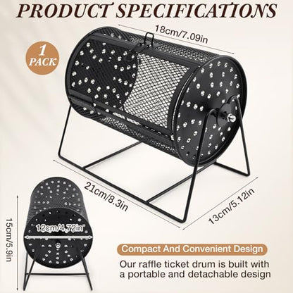 Teenyyou Raffle Drum Holds 600 Tickets, Metal Ticket Wheel Spinner with Stand, Raffle Tickets Cage for Games Events, Parties, School Drawings(Integrated Rotary,Black,7.09" X 4.72", Small) - color: Black, size: 7.09" X 4.72", Small, style: Integrated Rotar