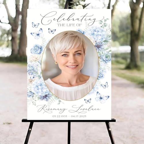 Blue Floral Funeral Welcome Sign, butterflies Celebration of Life Welcome Sign, in Loving Memory Sign, Celebration of Life Funeral Sign, Celebration of Life Sign, Memorial Sign with Photo #Tf52 - color: Version #2