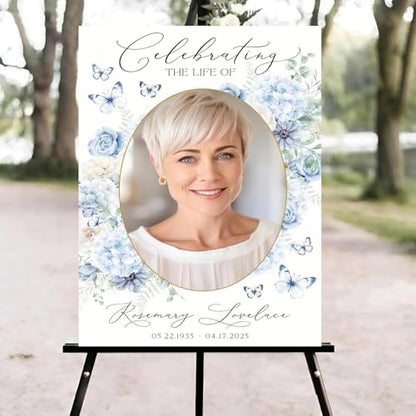 Blue Floral Funeral Welcome Sign, butterflies Celebration of Life Welcome Sign, in Loving Memory Sign, Celebration of Life Funeral Sign, Celebration of Life Sign, Memorial Sign with Photo #Tf52 - color: Version #2