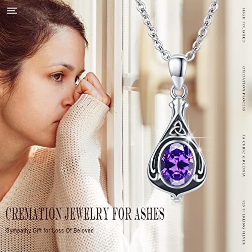 Urn Necklace for Ashes Cremation Jewelry 925 Sterling Silver Ashes Pendant Necklace Memorial Jewelry Gifts for Women Men Girls Boys - style: Celtic-February-Amethyst