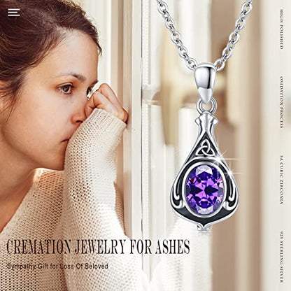 Urn Necklace for Ashes Cremation Jewelry 925 Sterling Silver Ashes Pendant Necklace Memorial Jewelry Gifts for Women Men Girls Boys - style: Celtic-February-Amethyst