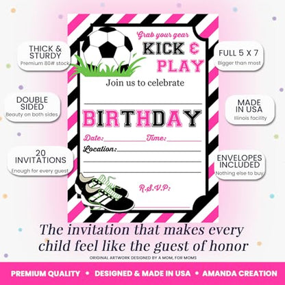 Pink & Black Kick and Play Soccer Themed Birthday Party Invitations for Girls, 20 5x7 Fill In Cards with Twenty White Envelopes by AmandaCreation - style: Pink & Black Kick and Play Soccer