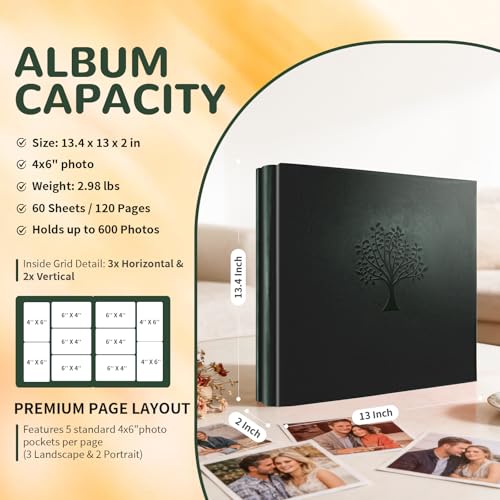 Photo Album 4x6 600 Pockets Slip In Extra Large Capacity | PU Leather Cover Picture Album Holds Horizontal & Vertical Photos for Family Wedding Baby Anniversary Christmas Gift - color: Forest Green