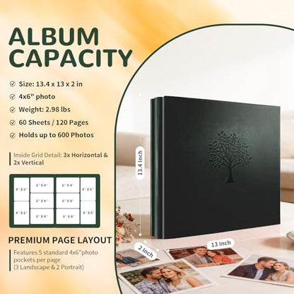 Photo Album 4x6 600 Pockets Slip In Extra Large Capacity | PU Leather Cover Picture Album Holds Horizontal & Vertical Photos for Family Wedding Baby Anniversary Christmas Gift - color: Forest Green