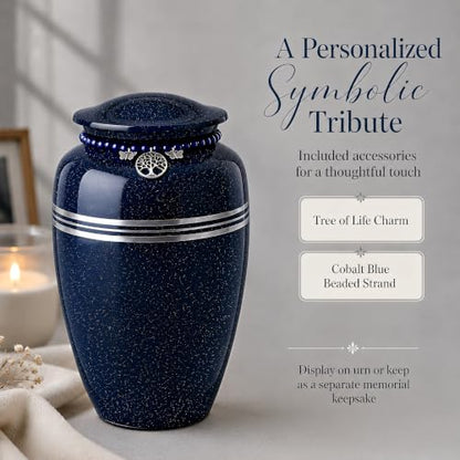 Blue Urn for Human Ashes Adult 220 lbs Metal Cremation Urns Men & Women | Tree of Life & Butterfly Charm, Speckled Navy Blue Color, Solid Metal Build, Threaded Lid, Velvet Bag, For Male & Female - color: Blue
