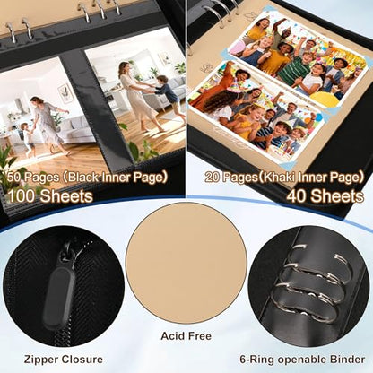 Leather Photo Album 4x6 200 Photos, DIY Scrapbook with 50 Sheets and 20 Blank Kraft Sheets, Travel Souvenir Diary Photo Book for Family Wedding Baby and Holiday Pictures - color: Black