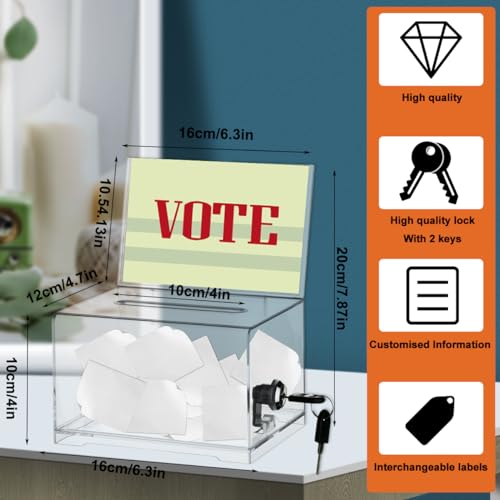 FOCCTS Clear Acrylic Donation Box with Lock, Ballot Box Suggestion Boxes With Sign Holder, Raffle Boxes With Slot for Voting Donation Ticket Comment Tips(6.2" x 4.5" x 4")