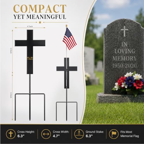 16 Inch Cross American Veteran Grave Marker, American Flag Holder | Metal Black Cross with Ground Stake, American Flag Hole Ready, Patriotic Graveside Tribute, 4th of July Memorial Display - style: Cross