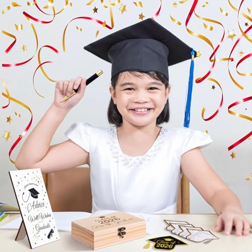 Gersoniel Graduation Advice Cards Class of 2026 Congrats Grad Wood Box Advice and Wishes Wooden Table Sign with Pens 60 Pcs Graduation Games Cards Grad Party Keepsake Decorations for 2026 Graduate