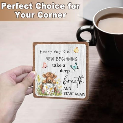 Highland Cow Inspirational Decor, Positive Plaque for Office Home | Encouragement Gifts for Women Men Coworkers Friends, Affirmation Quotes Gift, New Beginning Wooden Sign with Iron Stand - style: Highland 02