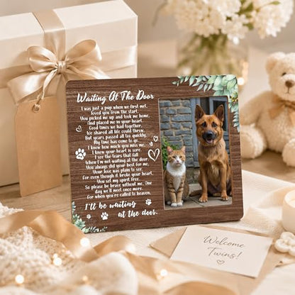 Pet Dog Cat Memorial Photo Frame - Waiting At The Door Dogs Wooden Tabletop Picture Frame - Sympathy Memorial Gifts For Loss Of Dog Cat Owner - In Loving Memory Greenery Frames Favors -03 - style: Greenery