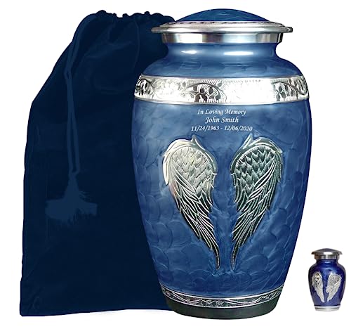 Blue Angel Wings Funeral Cremation Urn with Matching Keepaske, Bag and Personalization (Royal Blue, Large) - color: Royal Blue, size: Large