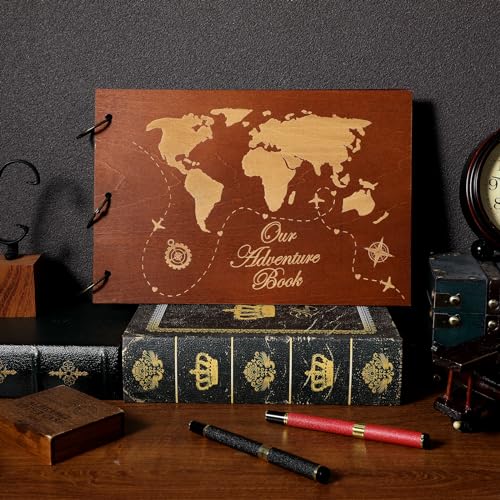 Partykindom Wooden Scrapbook Photo Album, 12x8 Inch Diy Memory Book with 40 Black Pages and 6 Corner Stickers, Ideal for Anniversaries, Weddings, Birthdays, and Special Moments