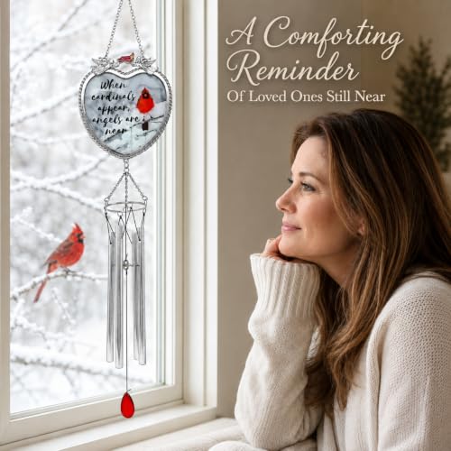 Cardinal Memorial Wind Chimes, 18 Inch Bereavement Sympathy Gift, When Cardinals Appear Angels are Near Remembrance Message, Red Cardinal Hanging Chime for Loss of Loved One, Memorial Garden Decor