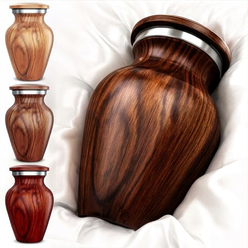 Small Keepsake Urn for Human Ashes – Cherry Wood Appearance Memorial – Handcrafted Mini Urn for Sharing – Recycled Cast Aluminum – Secure Lid - Velvet Bag & Funnel – Decorative Container - color: 1 Cherry