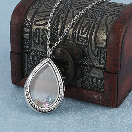 Jovivi Teardrop/Heart Floating Charm Memory Locket Necklace - 316 Surgical Stainless Steel Buckle Closure - color: Teardrop with Crystals