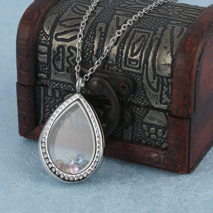 Jovivi Teardrop/Heart Floating Charm Memory Locket Necklace - 316 Surgical Stainless Steel Buckle Closure - color: Teardrop with Crystals