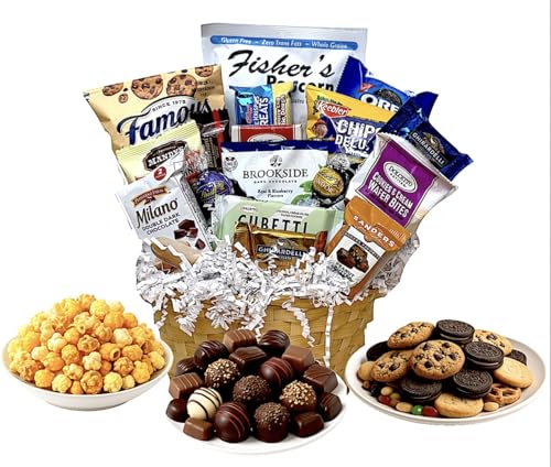 Customizable Gift Basket stuffed with chocolates cookies snacks and candies by MISTERGIFTBASKET.COM Hand-crafted for women men client sympathy birthday thank you holiday (Small: $49.99, Sympathy) - size: Small: $49.99