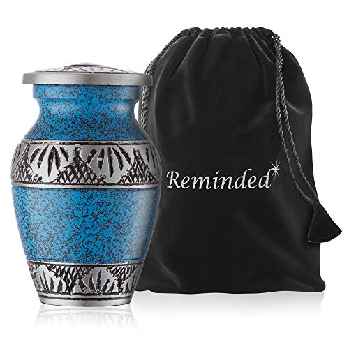 Reminded Small Cremation Urns for Human Ashes, Mini Keepsake Set of 4 Blue and Silver with Velvet Case - color: Blue