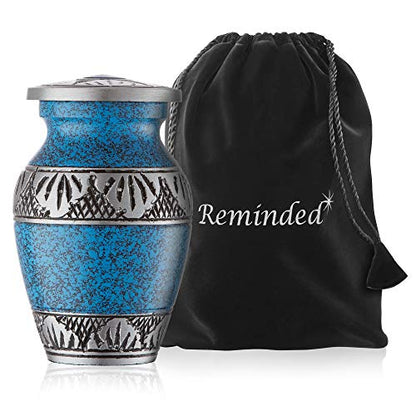 Reminded Small Cremation Urns for Human Ashes, Mini Keepsake Set of 4 Blue and Silver with Velvet Case - color: Blue
