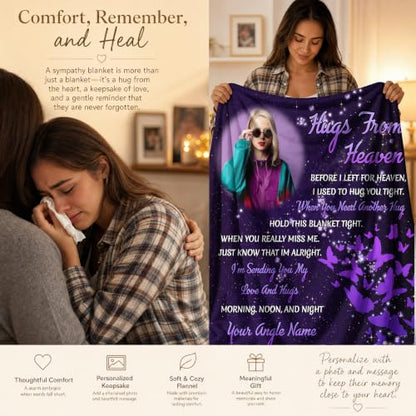 Personalized Memorial Picture Blanket Custom Hug from Heaven Sympathy Gift | HD Printing Flannel Throw Blanket for Grief and Remembrance Loss of Mother Father - color: Design 22
