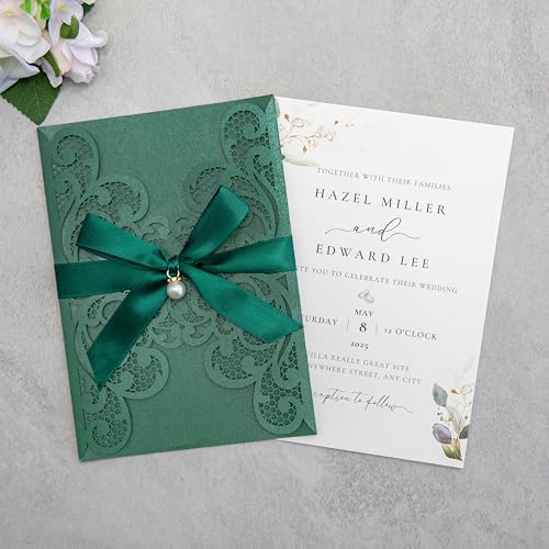 20Pcs Emerald Green Laser Cut Wedding Invitation Cards With Envelopes - color: Emerald Green