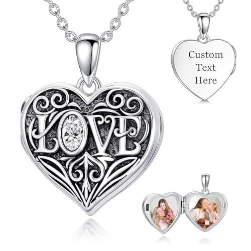 Mom Photo Locket Necklace 925 Sterling Silver Mothers Necklace Mother Photo Locket Pendant Mom Jewelry for Mother's Day - color: love-text-photo