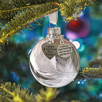 Clear Christmas Memorial Ornament Feather Ball, A Piece of My Heart is in Heaven Loss of Loved One Father Christmas Tree Hanging Sympathy Gift with Silk Ribbon & Red Gift Box - color: Dad