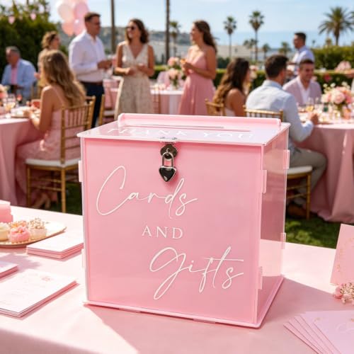 Acrylic Card Box with Lock & Slot, Macaron Pink Money Gift Card Box for Baby Shower Reception, Cash Envelope Box for Quinceanera Graduation Bridal Shower Wedding & Anniversary Party Supplies - color: Macaron Pink