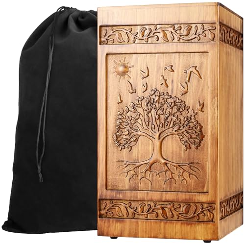 Wooden Urn for Ashes Adult Male Female, Handcrafted Large Cremation Urns Box for Human Ashes Adult Men Women, Memorial Decorative Funeral Urn with Tree of Life Carvings