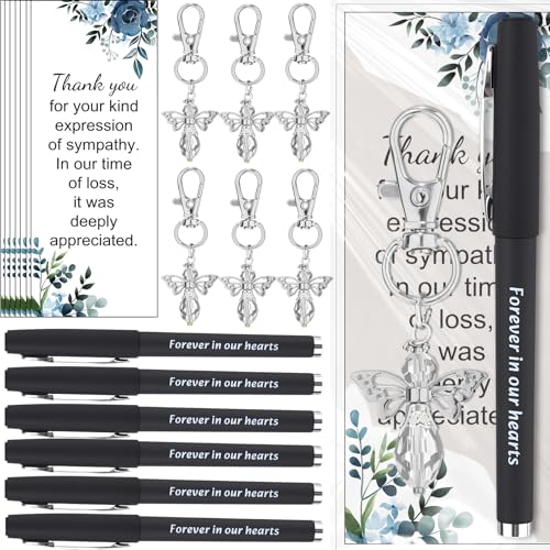 Yexiya 60 Set Funeral Favors Life Celebration Favors Angel Keychains Thank You Cards and Memorial Ballpoint Pens for Memorial Guest Return Gifts Relatives and Family