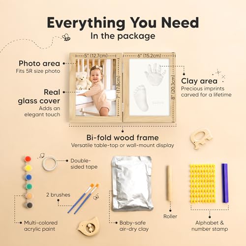 Baby Hand and Footprint Kit, Quick Dry Clay Newborn Keepsake (Ash Wood) | Baby Feet and Handprint, Baby Picture Frame, Cat Dog Paw Print Kit, Personalized New Mom Gifts for Baby Showers & Registry - color: Ash Wood