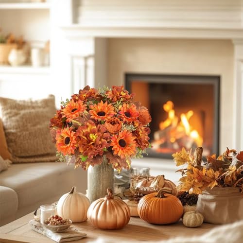 13in 6Pcs Fall Artificial Sunflower, Burnt Orange Flowers for Grave - color: Caramel Dahlia
