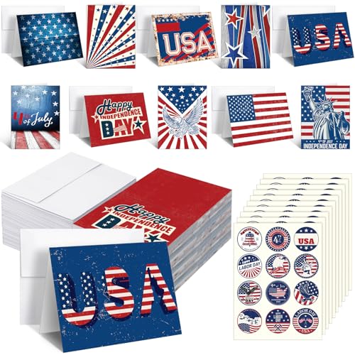 Tisancy 100 Sets Patriotic Thank You Cards with Envelopes Stickers, Vivid | American Flag Greeting Cards, Red White Blue Blank Note, USA Flag Appreciation Cards, for 250th Anniversary Military Veterans - color: Vivid Flag