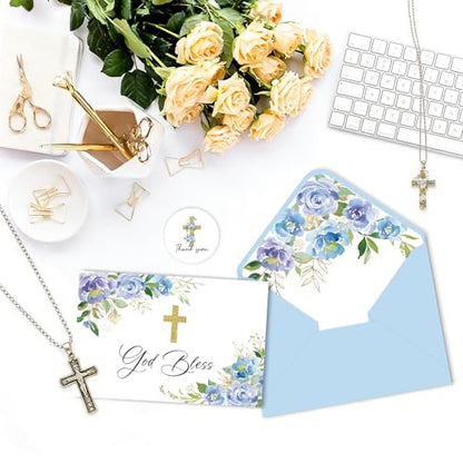 48 Pack Christian Thank You Cards, Watercolor Blue Floral Cross Baptism Thank You Cards with Envelopes & Stickers, VBS Thank You Cards First Communion & Religious Occasions - style: 48 Pcs - Blue Christian