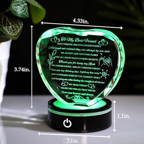 YWHL Best Friend Birthday Gifts with LED Base Crystal Heart Keepsakes Friendship Gifts for Women Best Gift Ideas for Bestie Friends Female BFF Gift for Her - style: Best Friend Gifts+LED Style 2