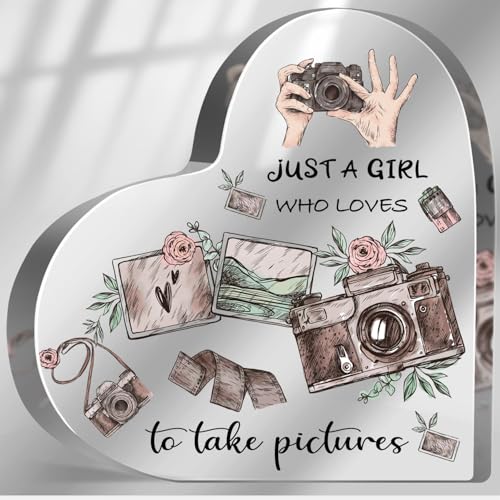 Photographers Gifts for Women, Photo Lovers Birthday Gifts, Camera Themed Paperweight Friendships Gifts for Besties, Desk Table Decor for Girls, Just a Girl Who Loves Acrylic Sign - style: Just a girl like to take pictures