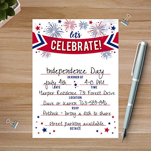Canopy Street Patriotic Party Invitations / 25 American Event Invites / 5" x 7" Flat Invite Cards With White Envelopes/Red White And Blue Invites/Made In The USA - style: Fireworks