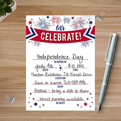 Canopy Street Patriotic Party Invitations / 25 American Event Invites / 5" x 7" Flat Invite Cards With White Envelopes/Red White And Blue Invites/Made In The USA - style: Fireworks