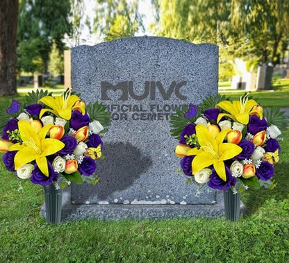 MUVIC Artificial Cemetery Flowers - Memorial Flowers - Outdoor Sympathy Grave Flower Decorations for Mothers Day,Fathers Day,Lily/Rose