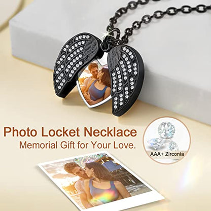 Custom4U Personalized Heart Locket Necklace with Pictures,Sunflower/Angel Wings/Heart Shaped Lockets Custom Photo,Gold/Rose Gold/White Lockets That Holds Picture,Customized Memorial Jewelry for Women - color: B-Angel Wings-Black(Locket + Photo + Engraving