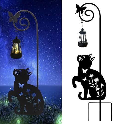 Solar Cat Lantern Garden Stakes 28.7in Metal Outdoor Night Light - color: Black Cat